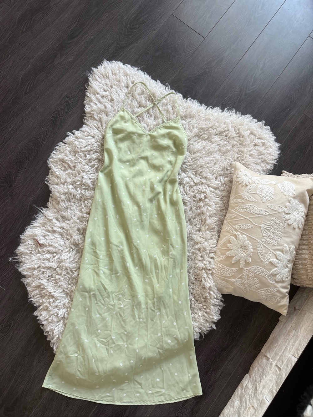 Princess Polly On Cloud Nine Open Back Dress in Sage Green w/ White Polka Dots - Picture 11 of 13